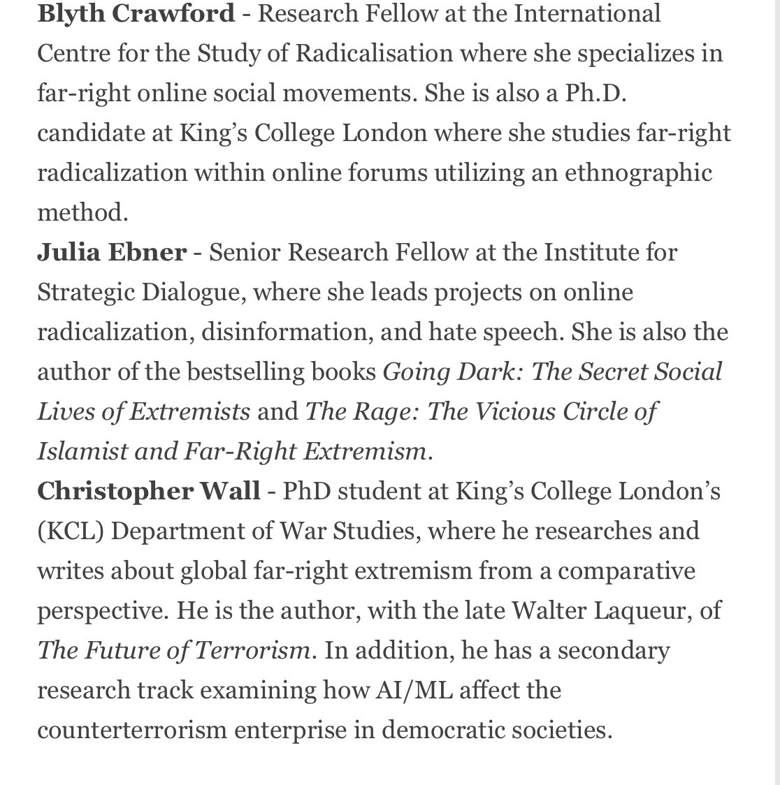 Join us Thursday morning for a panel discussion on our latest report, ‘Rise of the Reactionaries: Comparing the Ideologies of Salafi-Jihadism and White Supremacist Extremism’ feat <a href="/intelwire/">𝗝.𝗠. 𝗕𝗘𝗥𝗚𝗘𝗥 #readoptimal</a> <a href="/amhitchens/">Alexander Meleagrou-Hitchens</a> <a href="/julie_renbe/">Dr Julia Ebner</a> @Blyth_Crawford @c_scott_wall 

RSVP: us02web.zoom.us/webinar/regist…