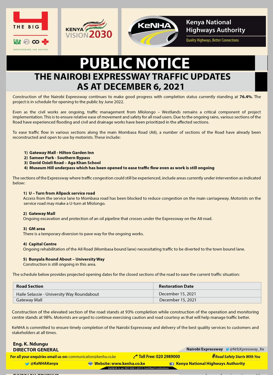 NrbXpressway_Ke's tweet photo. Nairobi Expressway Updates ( As at December 6, 2021) https://t.co/V05sJYbLnm