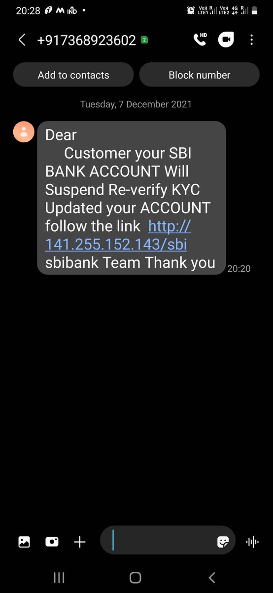 govindabalan's tweet photo. @tnpoliceoffl @CMOTamilnadu 
Phishing message from fraudsters, fraudster mobile number is also present in the screenshot...Kindly protect your consumers @TheOfficialSBI https://t.co/ChzXqPnG6p