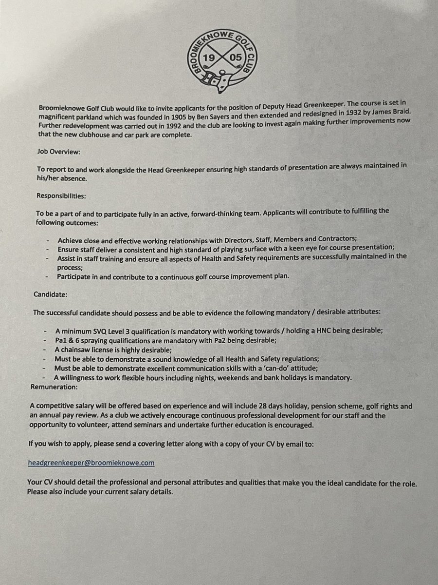 ADuncan78409012's tweet image. Looking for a career driven individual to take our Deputy Head Greenkeeper position and be an integral part of @BroomieknoweGC moving forward ✍️✉️⛳️

Could the turf industry RT please and spread the word 🤞

Thank you in advance 👌