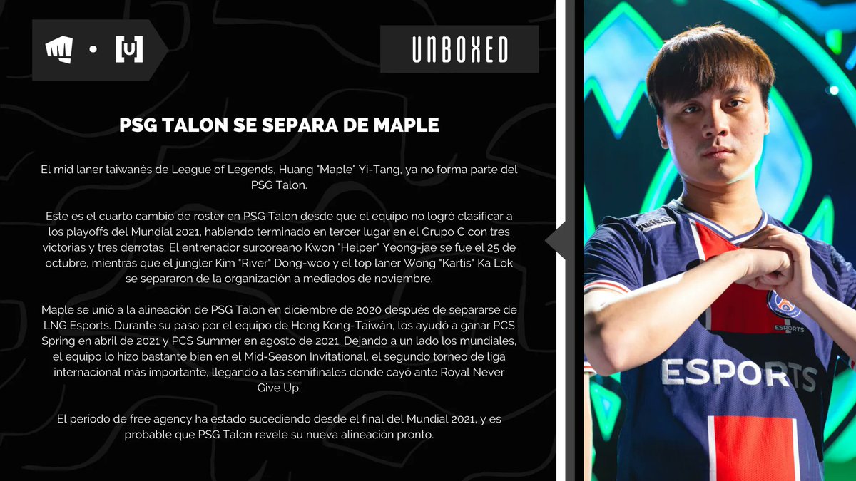 #UXRec | <a href="/PSGTLN_Maple/">黃熠棠 "Maple"</a> no seguirá en @PSG_Talon 💥

#LeagueOfLegends
