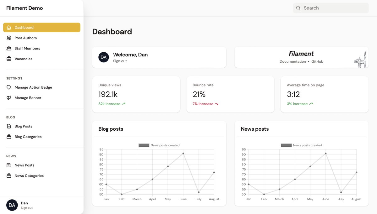 danjharrin's tweet image. We've just released TALL-stack Admin Panel v2! 🚀
Some new features:
🎨 Completely refreshed UI
🖇️ Sidebar groups
🔎 Global search
📈 Easy dashboard stats & charts
💬 Translatable content
⚙️ Settings pages
🖼️ @spatie_be Media Library integration
github.com/laravel-filame…