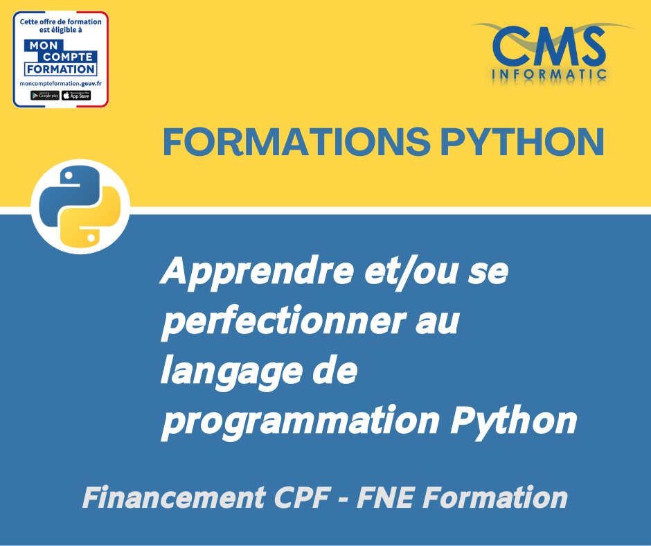cmsinformatic1's tweet photo. 🐍 Formation #Python Bases :
📅 Du 15 au 17 décembre 2021
🏢 En présentiel sur notre site à Villejust (91)

🐍 Formation Python Perfectionnement :
📅 Du 11 au 14 janvier 2022
🏢 En présentiel sur notre site à Villejust (91)

Plus d'infos : https://t.co/n54A0kGanV https://t.co/GHEKxhyaHa