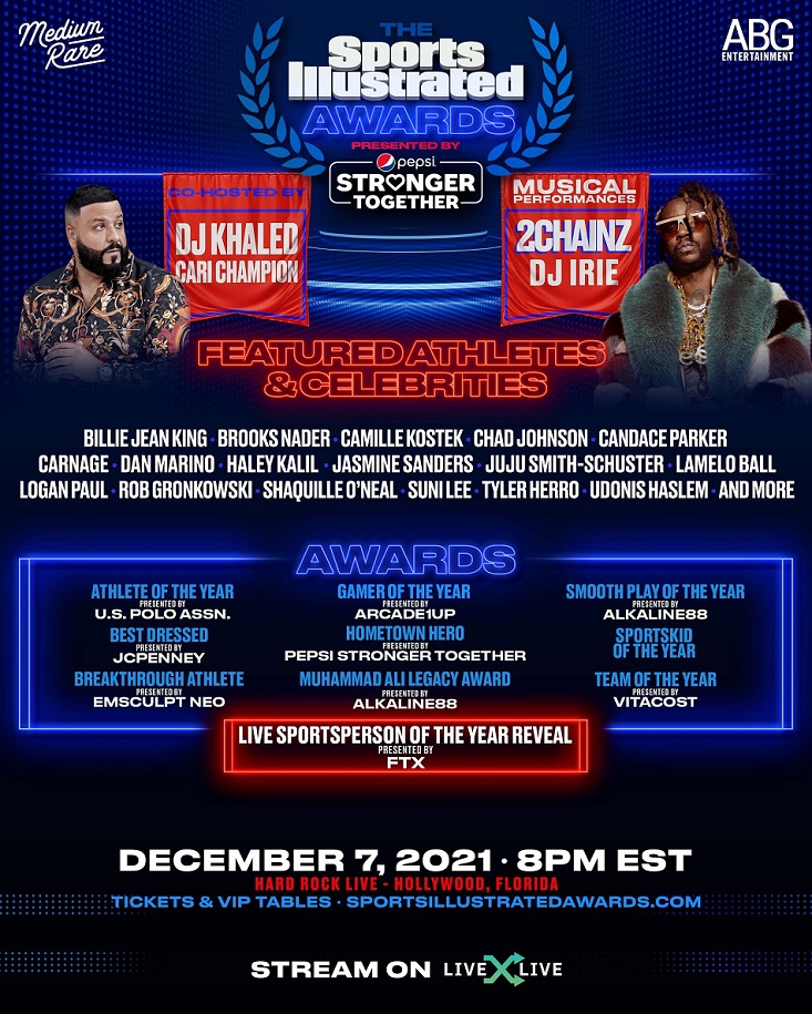 watchstirr's tweet photo. Don't miss one of the most exciting nights in sports! The SPORTS ILLUSTRATED AWARDS (@TheSIAwards), hosted by DJ Khaled &amp; Cari Champion with performances by 2 Chainz and DJ IRIE. Watch TONIGHT at 8pm ET on  @LiveXLive. Channel 333 on #STIRR.

https://t.co/8LEUlXd0d3 https://t.co/qmo995MGO5