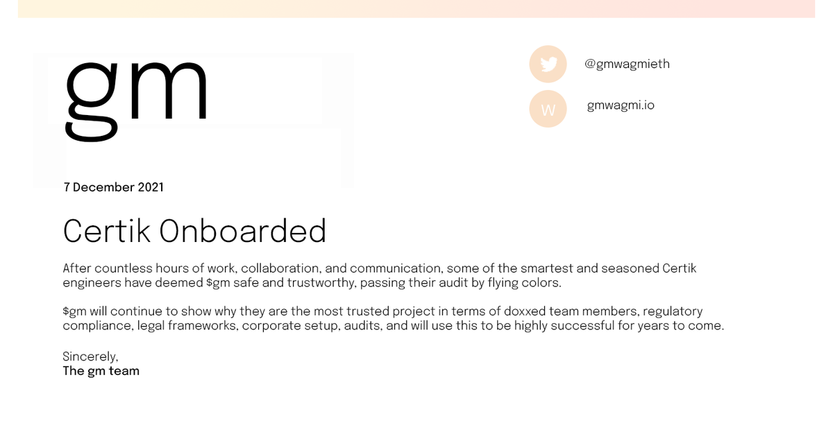 gmwagmi's tweet photo. gm, we passed our audit @certik_io
https://t.co/738Eyiqv5u https://t.co/LiPS7HFWt3