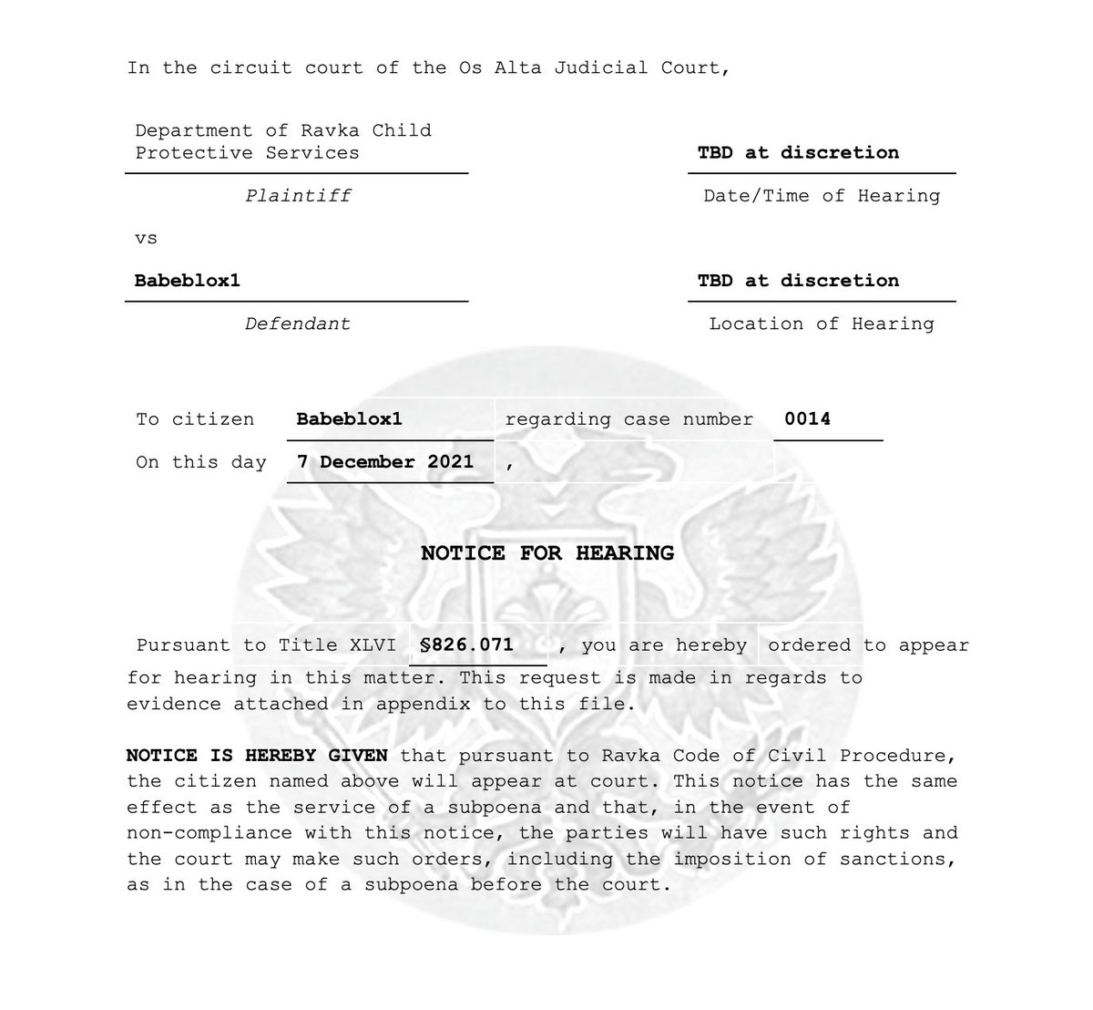 RavkaCPS's tweet photo. @babeblox1 Please see the following for information regarding your willing to testify. Hearing date will be announced within 14 days. https://t.co/rqoYY1hQWT