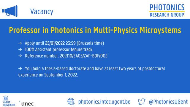 📣 We're looking for a full-time tenure track photonics professor to join <a href="/PhotonicsUGent/">Photonics UGent</a> <a href="/ugent_fea/">Faculty of Engineering and Architecture UGent</a> <a href="/ugent/">UGent</a>. 
➡️ career012.successfactors.eu/career?career%…