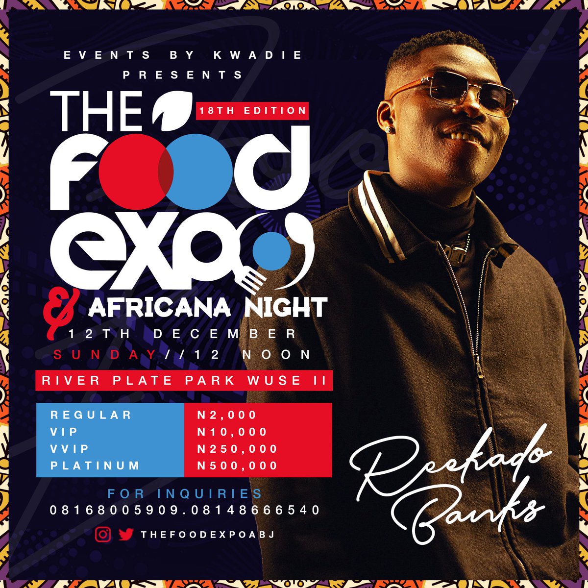 IamKellyJoe's tweet photo. Reekado Banks confirmed to be live at the Food Expo 🍕.

We have 5 Days to go!!💃💃
Get ready Abuja!!!

For stand reservations 
Send a Dm or Call
08168005909/0814866 6540

Cc: @kwadyyy
#FoodExpoAbuja
#DecemberInAbuja https://t.co/v8jh3lCHWp