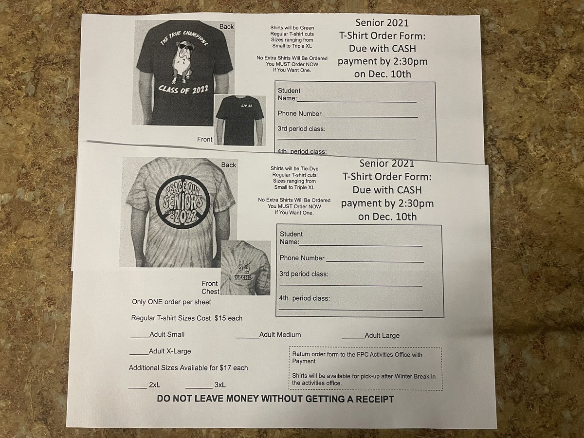 fpchs2022's tweet photo. Hey seniors! Don’t forget to grab your t shirt order form from the activities office! Each shirt is $15 (top is solid forest green, bottom is tie dye green) Forms due 12/10 with money :) https://t.co/pb8wlKCR7D
