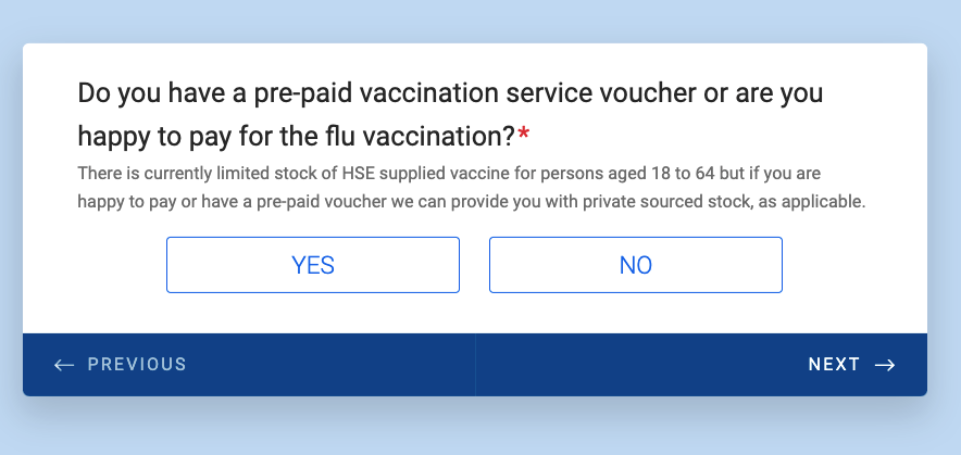 Bulbuka's tweet photo. Double barrel questions (OR) in the FluShot questionnaire, @BootsHelp, can you please look into it? sugg: remove yes or no, add radio buttons with the 2 options. https://t.co/rCws6Z4KtL