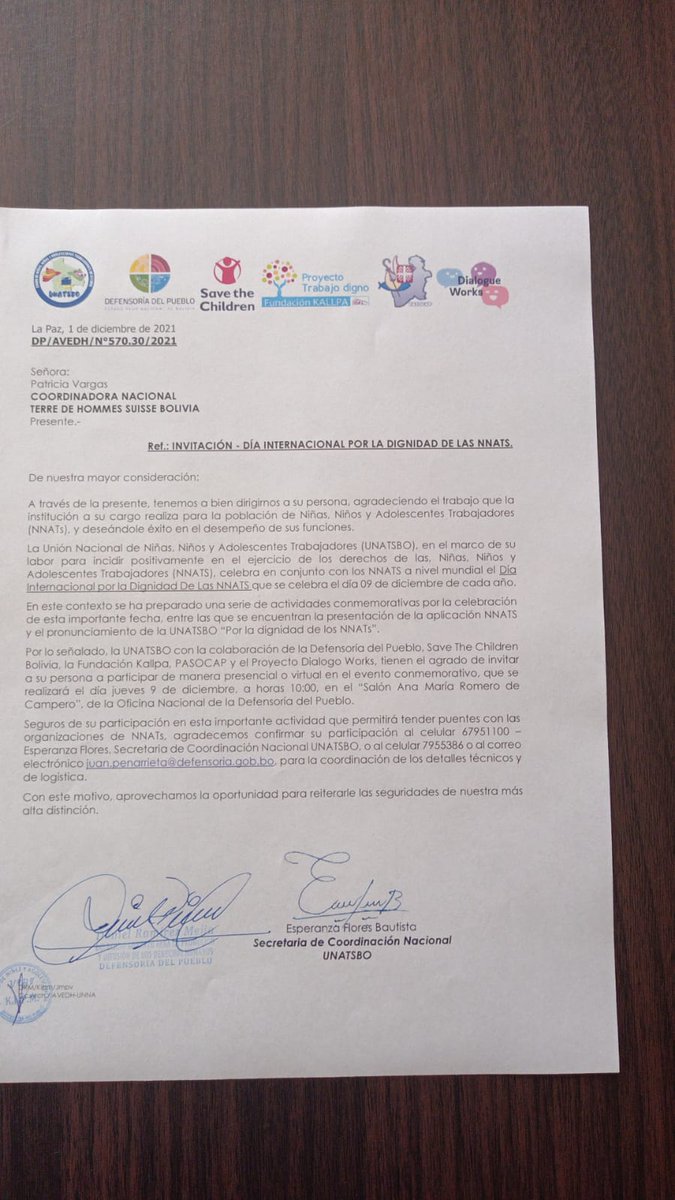 TerredesB's tweet photo. Una invitación de la Unión Nacional de Niñas, Niños y Adolescentes Trabajadores (UNATSBO) a Terre des Hommes Suiza Bolivia por nuestro trabajo, para conmemorar, este 9 de diciembre, el Día Internacional por la Dignidad de l@s NNAT,s. https://t.co/ON8ef5R7BO