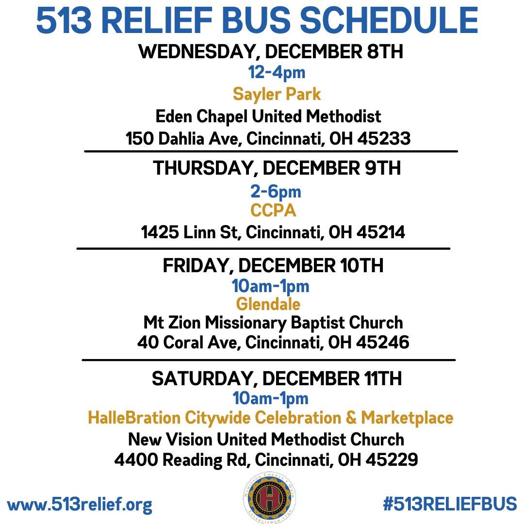 513Relief's tweet photo. The 513 Relief Bus will be making 4 stops this week!🙌
Bring a friend & get your covid vaccine or booster shot for FREE provided by @hamcohealth
@hamiltoncojfs will be onsite with direct assistance for social services.👨👩👧
We can't wait to see you there! #513Reliefbus https://t.co/o87c8g17IR
