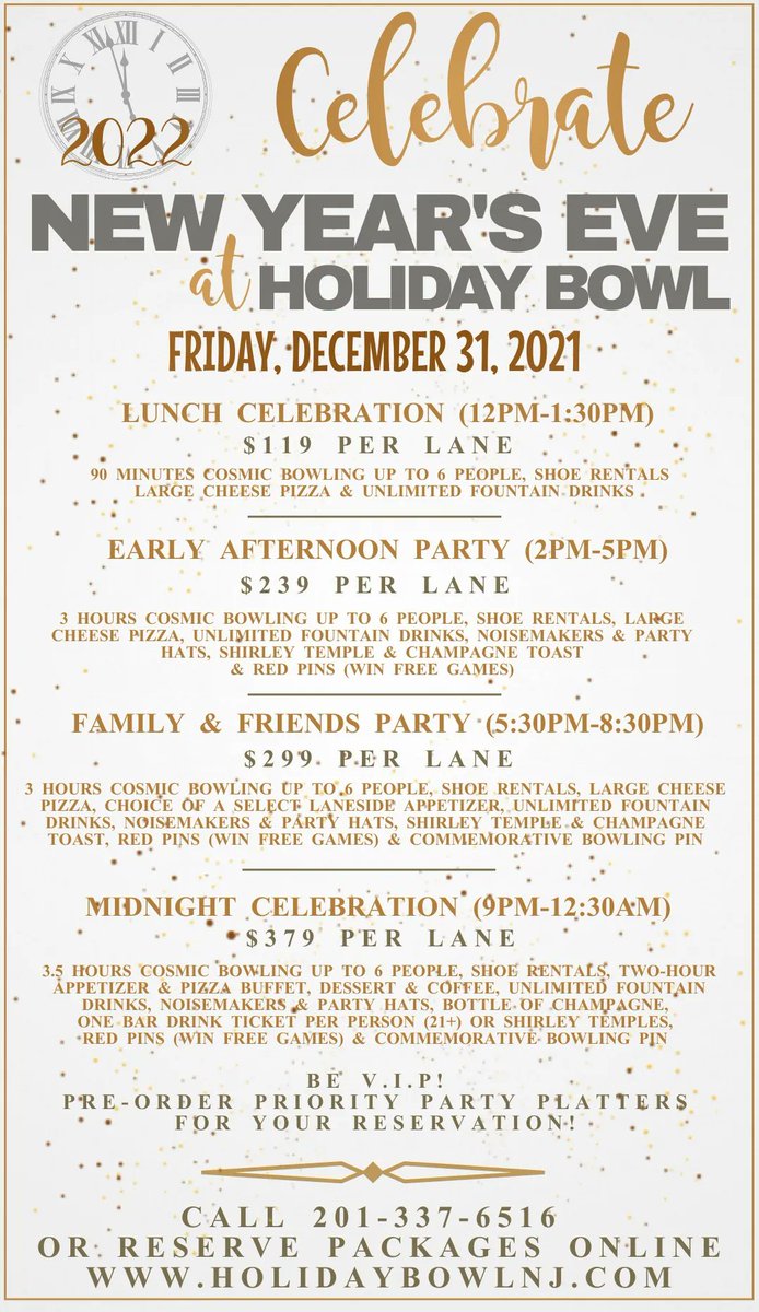 HolidayBowlNJ's tweet photo. New Years Packages are starting to book! What are your plans going to be?! 🎳 🍕 🎉 🍻 

Packages are available all day New Years Eve! Visit our website, https://t.co/7eK0LtSWji to view packages and make your reservation online, or give us a call at 201-337-6516! https://t.co/E2hi4v6eg1