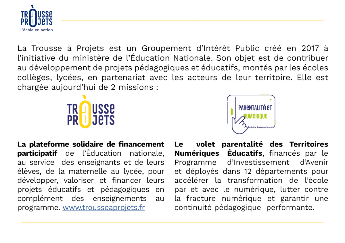 TrousseAProjets's tweet photo. Fracture Numérique, Territoires Numériques Éducatifs, Financement Participatif, découvrez les missions de la Trousse à projets ⤵️ https://t.co/SdJ2xAsgVA