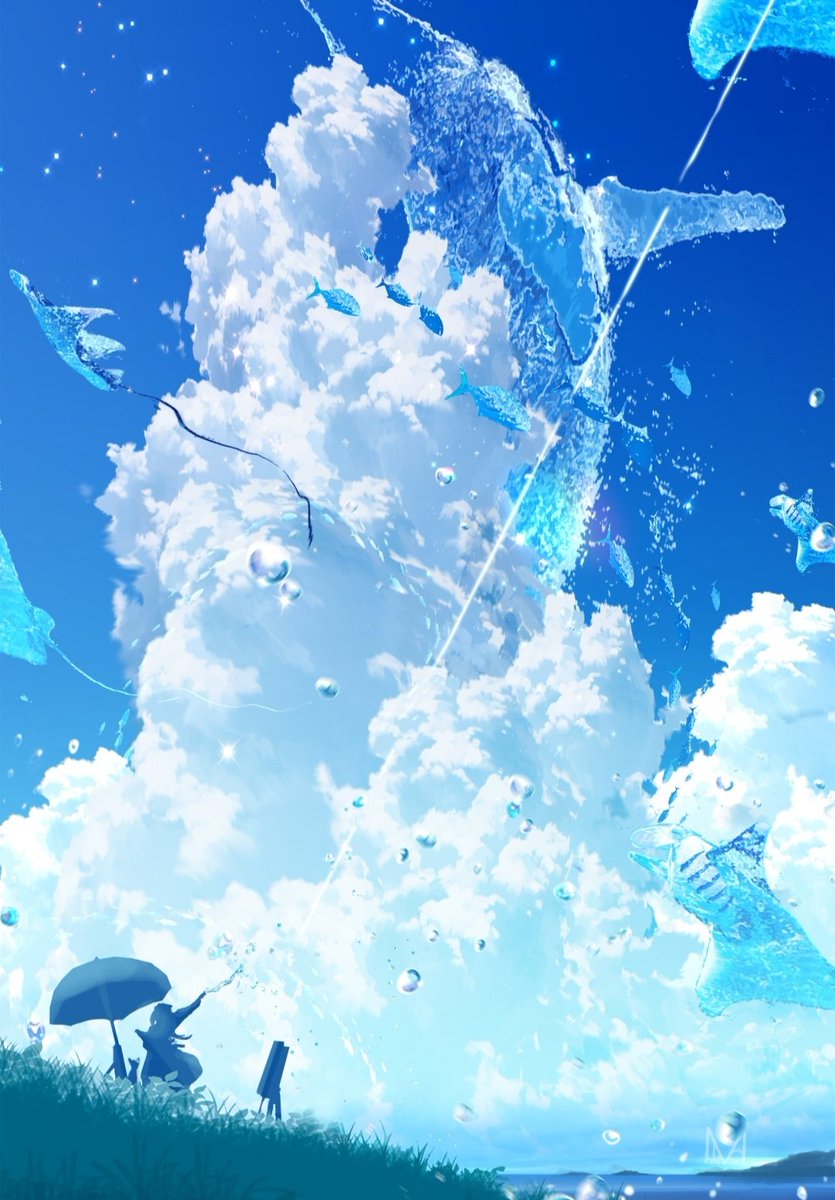 「#今年もあと1ヶ月になりましたが画力がどうなったか見てみましょう
空に生き物が泳」|まころん🐳のイラスト