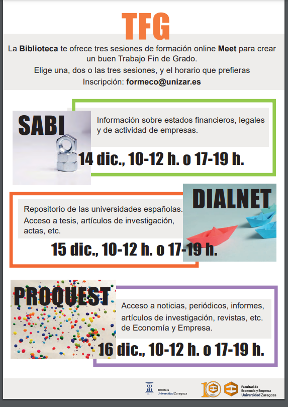 fecem_unizar's tweet photo. 📣 Sesiones formativas para estudiantes que van a realizar el TFG
📍 14 de Diciembre; SABI
📍 15 de Diciembre; DIALNET
📍 16 de Diciembre; PROQUEST
Para inscribirse solo hay que enviar un correo a formeco@unizar.,
#biblioteca #estudios #TFG #sesiones #FECEM #herramientas https://t.co/lnmULXcKrE