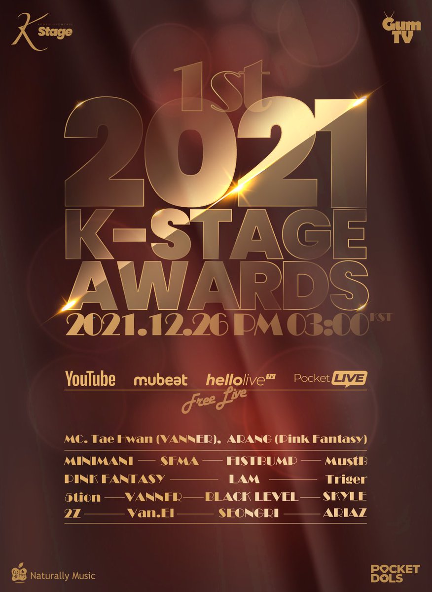 K_Stage_Untact's tweet photo. 🏆2021 K-STAGE AWARDS🏆

2021년의 마지막 일요일,
올 한 해 K-STAGE를 빛내준 아티스트와 함께합니다✨

🗓2021.12.26 PM 3:00 KST

📡 K-Stage는 Youtube #껌TV 채널, #Mubeat 앱, #hellolive 앱, #포켓라이브 에서 무료로 생중계됩니다.

#KSTAGE #케이스테이지 https://t.co/50ocCupMRq