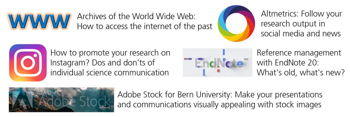 sci_ub_unibe's tweet photo. Now available for you online: Our latest Coffee & Bit(e)s screencasts. Get quickly informed about the use of #internetarchives, #EndNote20 , #AdobeStock, #Altmetric and #Instagram for #scicomm. Addressed to scientists @unibern, but open to anyone. https://t.co/QUs8nPcUxe https://t.co/E4V6pcH68R