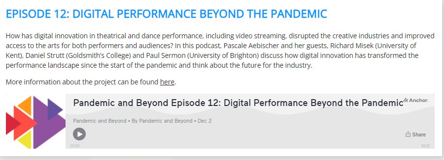 Pandemic Preparedness: Live Performance in the G7 (@pandemicbeyond) on Twitter photo New Podcast Alert:
Episode 12: Digital Performance Beyond the Pandemic
is a conversation between 4 research projects:
<a href="/DigiAccessArts/">Digital Access To Arts And Culture</a> (Richard Misek)
<a href="/TeleStage/">Telepresence Stage</a> (Paul Sermon)
Goldsmiths Mocap Streamer (<a href="/drdanstrutt/">Dan Strutt</a>)
Digital Theatre (<a href="/PascaleExeter/">Pascale Aebischer</a>)
anchor.fm/pandemicandbey… New Podcast Alert:
Episode 12: Digital Performance Beyond the Pandemic
is a conversation between 4 research projects:
<a href="/DigiAccessArts/">Digital Access To Arts And Culture</a> (Richard Misek)
<a href="/TeleStage/">Telepresence Stage</a> (Paul Sermon)
Goldsmiths Mocap Streamer (<a href="/drdanstrutt/">Dan Strutt</a>)
Digital Theatre (<a href="/PascaleExeter/">Pascale Aebischer</a>)
anchor.fm/pandemicandbey…