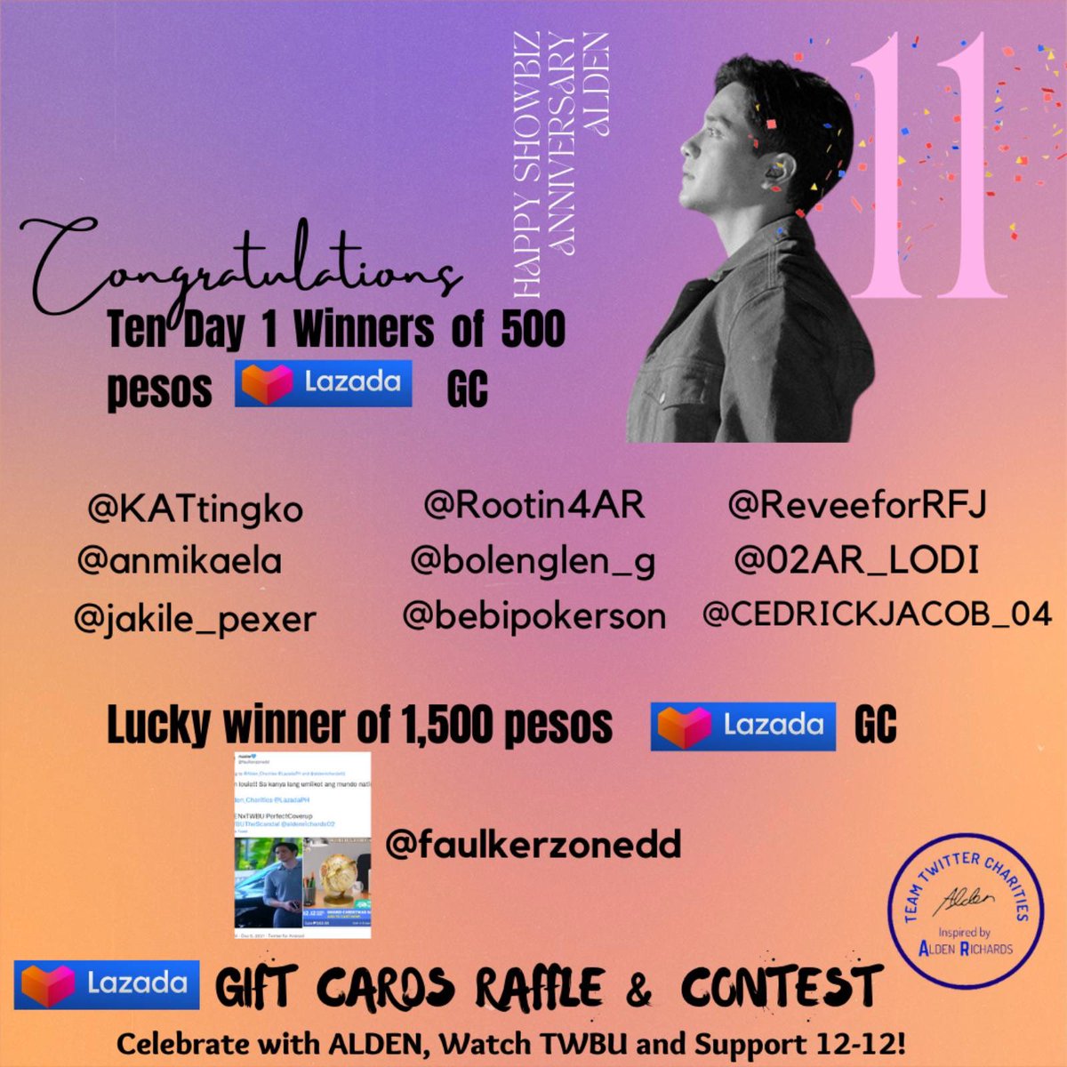 Alden_Charities's tweet photo. Aaannnddd the winners are - drumroll please…

Congratulations to these 10 lucky #Betweeners! 

Please expect a DM from us from now until tomorrow on how to claim your @LazadaPH gift cards!

#TheWorldBetweenUs
@aldenrichards02 https://t.co/lgRq0UKqFF