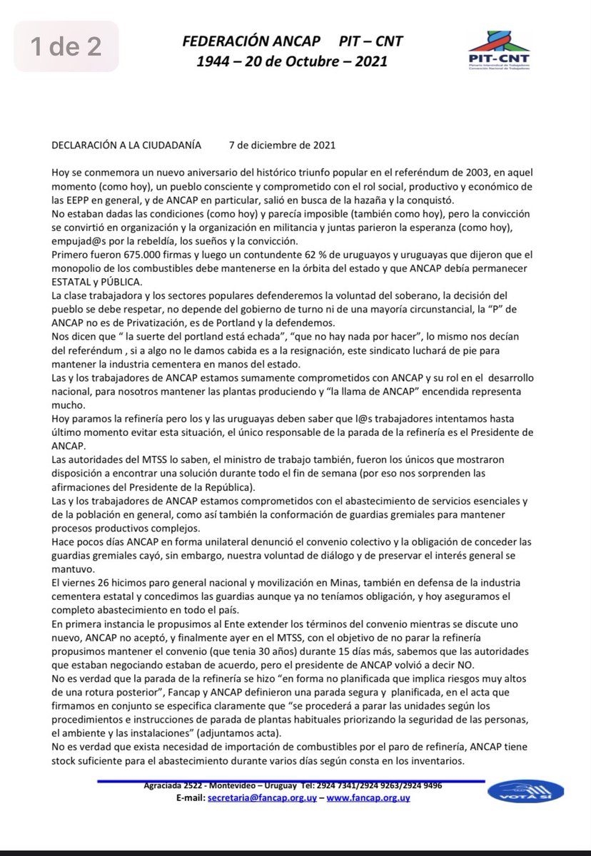 FederacionANCAP's tweet photo. Declaración a la ciudadanía 
@PITCNT1 @VotaSiUy https://t.co/eIWq4QVDfg