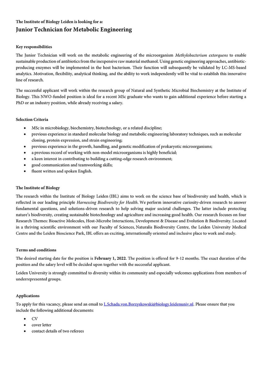 LennartSchada's tweet photo. Please RT: I'm hiring a Junior Technician for Metabolic Engineering for up to 12 months. Exciting @NWO_Science-funded project on producing antibiotics from methanol! Ideal for MSc grads wanting to gain experience before their next steps, while already getting paid. Details below: https://t.co/lm91tebjmG