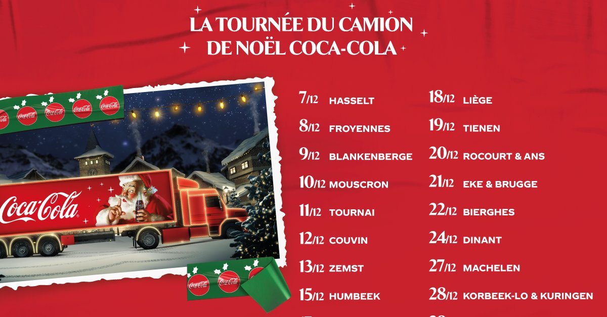 Dès aujourd'hui, le camion de Noël Coca-Cola illuminera les rues de Belgique et du Luxembourg pour répandre la magie de Noël ✨ Un invité spécial 🎅 vous y attend. Notre emblématique camion de Noël passera-t-il près de chez vous ? fr.coca-cola.be/campagnes-et-p…