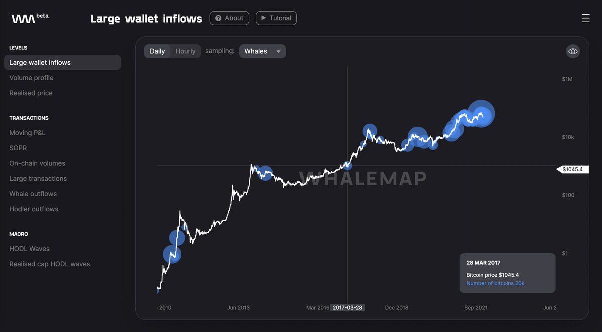whale_map's tweet photo. One more intro into the large wallet inflows chart since a lot of new people joined in 

Bubbles show #Bitcoin that currently belongs to whale wallets. The larger the bubble the more BTC was acquired by  whale wallets at that price.

Whalemap is the only tool providing this info https://t.co/fmkQ08JC3d
