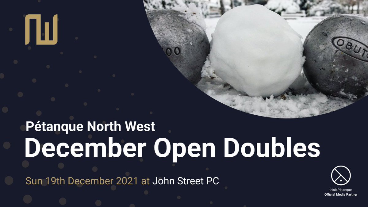 The final event of this year's calendar and PNW's first year, will take place on 19th December at John Street PC.

The December Doubles is open to all players and spectators. 

9am start

#petanquenorthwest #petanque #northwest #thisIsPetanque