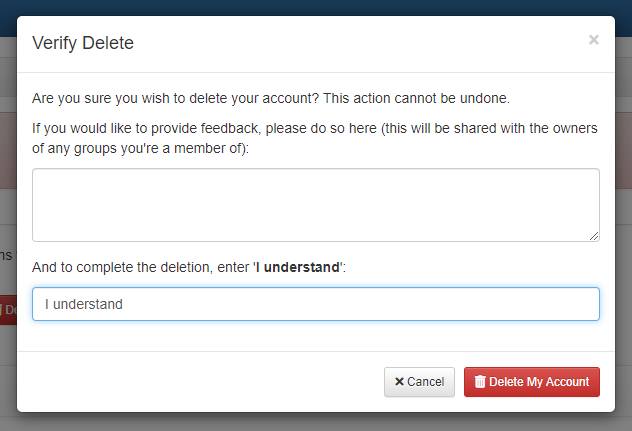 clartem's tweet photo. As a…
– user
I want…
– to open My Account Settings, click on "Delete My Account", click on "Yes, I'm Sure I Want to Delete My Account", type "I understand" and click on "Delete My Account"
so that…
– I can verify my account deletion isn't performed by accident. @ShitUserStory https://t.co/LtaunhDpmQ