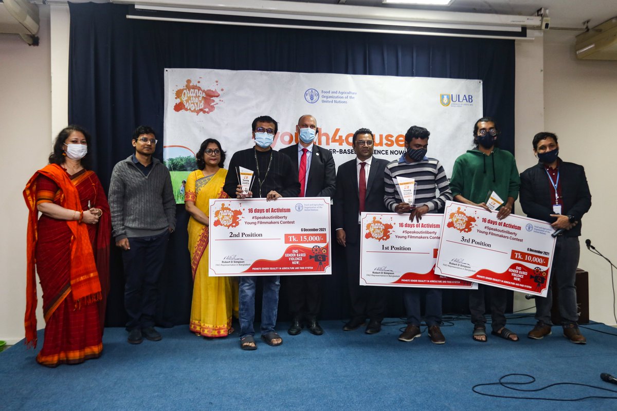 FAOBangladesh's tweet photo. Award-winning directors📽️🎞️Shabnam Ferdousi, Rezwan Shahriar Sumit, &amp; Proshoon Rahman, judged a film competition organised jointly by FAO and @ULABian in support of 16 Days of Activism against Gender-Based Violence #16Days #orangetheworld #communication4change  #EndGBV @UN_Women https://t.co/1NKWl1i2aW