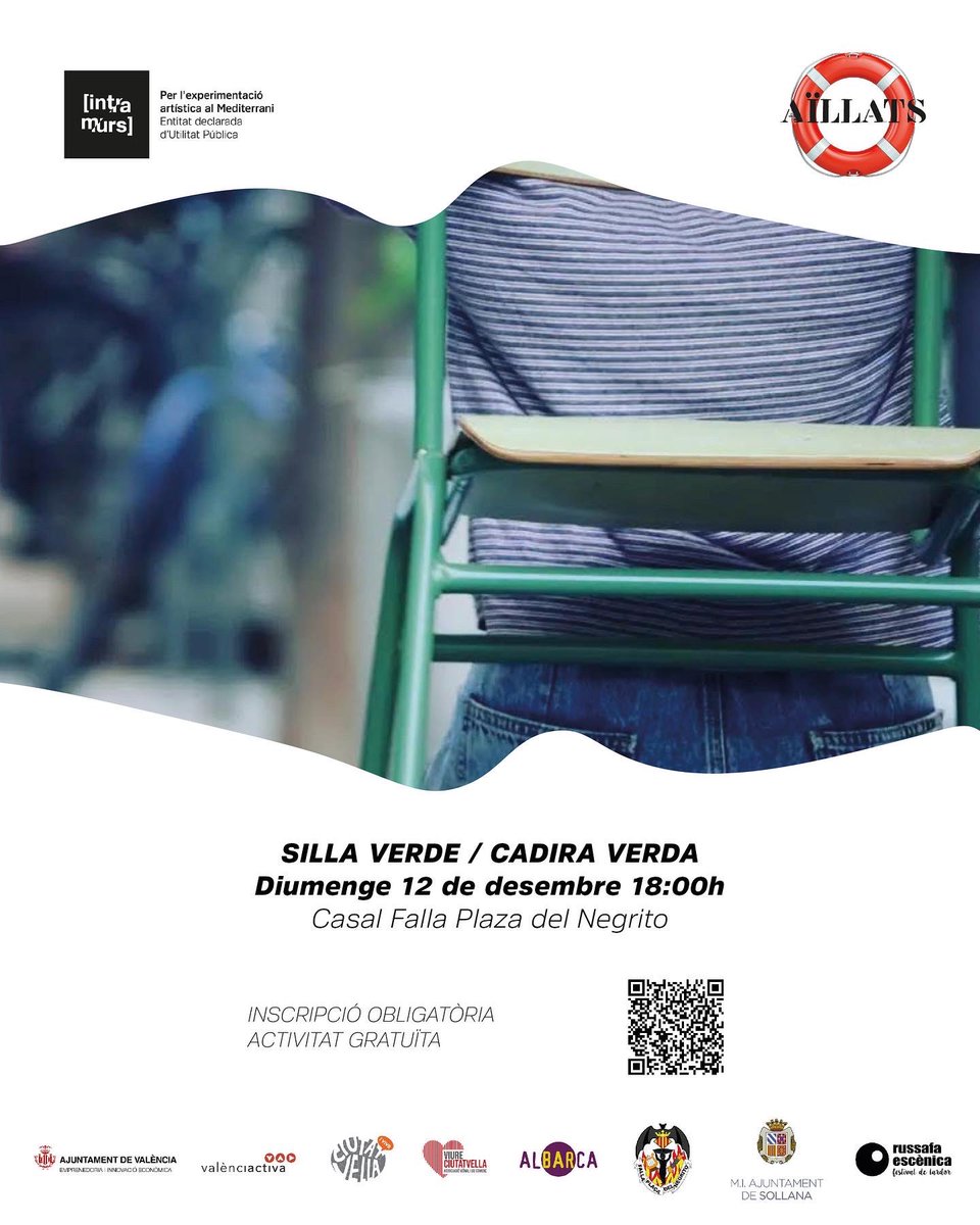 🗓 PERFORMANCE 🗓

🎭 Silla Verde / Cadira Verda. Un teatre textual que qüestiona la pròpia creació i procés de treball de l’artista.

ℹ️ Activitat gratuïta.

Diumenge 12 desembre. 
Dos passes: a les 12h i 18h.

________
#aïllats #Intramurs #FesCultura #reActivem <a href="/valenciactiva_/">València Activa</a>