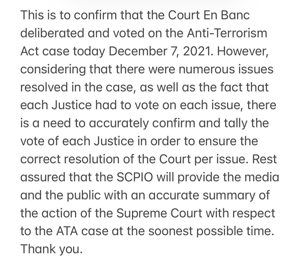 <a href="/anjocalimario/">Anjo Cagmat Alimario</a> UPDATE: PIO chief Atty Brian Hosaka confirms SC deliberated and voted on the Anti-Terrorism Act case today. | <a href="/anjocalimario/">Anjo Cagmat Alimario</a>