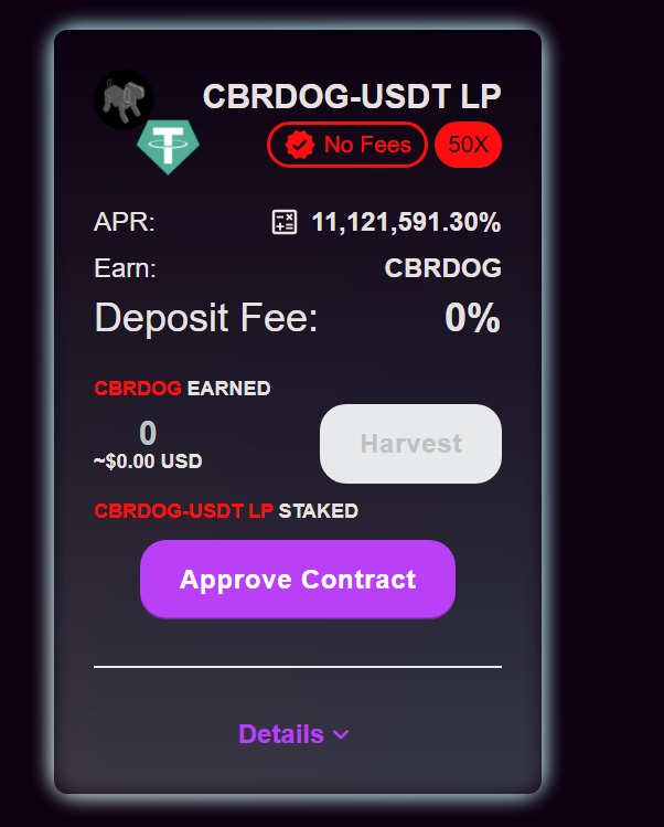 New CBRDOG-USDT LP pool is now added to cyberdog.finance.  Grab the juicy APR!!

<a href="/TheCronicleNews/">TheCronicle.com - #CronosNews #Cronos #CRO #DeFi</a> <a href="/cryptocom/">Crypto.com</a> <a href="/cronos_chain/">Cronos</a> <a href="/cronaswap/">CronaSwap 🔥 #Cronos</a> <a href="/VVS_finance/">VVS-Finance</a> <a href="/YieldWolf/">YieldWolf</a> <a href="/CroMoonOfficial/">CroMoon Official</a> <a href="/Shibtoken/">Shib</a> @News_Cronos <a href="/DefiDirect/">Bomani Zhiwe</a> 
#CRO #DeFi #Staking #YieldApp #Crypto $BTC $USDT $ETH