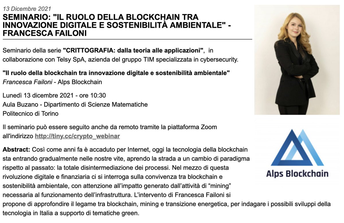 DaniloBazza's tweet photo. "Il ruolo della blockchain tra innovazione digitale e sostenibilità ambientale"
Francesca Failoni - Alps Blockchain

Lunedì 13 dicembre 2021 - ore 10:30
Aula Buzano - Dipartimento di Scienze Matematiche
Politecnico di Torino

https://t.co/9WiT54C8nN https://t.co/vvdVM31H6V