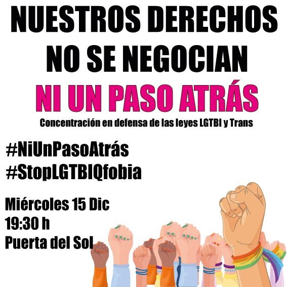 Educacion_COGAM's tweet image. 🚨 Anunciamos concentración unitaria en defensa de las leyes LGTBI y Trans de la Comunidad de Madrid el 15 de diciembre a las 19.30h en la Puerta del Sol.  Que nadie se quede en casa. ¡Súmate!  NUESTROS DERECHOS NO SE NEGOCIAN. NI UN PASO ATRÁS #StopLGTBIQfobia #NiUnPasoAtrás