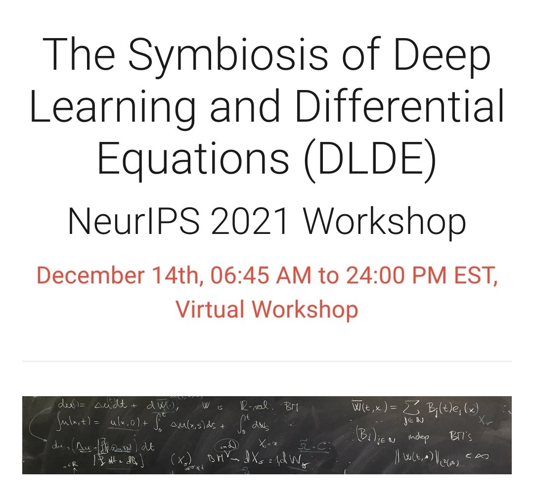 PatrickKidger's tweet image. The #NeurIPS2021 workshop on Deep-Learning-meets-Differential-Equations is coming up! (14th)⚡️

For the panel discussion (on solving DEs with DL), submit questions in advance: forms.gle/j37v5zmck1k1ps…

Note the schedule: accessible from around the world, not just US timezone!⏰️