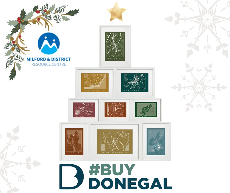 MilfordDRC's tweet photo. Looking for the perfect Christmas Gift? Check out our shop now, 9 prints of towns to choose from in the Milford District. Framed or unframed, shipping across Ireland or free click &amp; collect at MDRC. On sale for duration of #BuyDonegal campaign! Shop now: https://t.co/zyGlebfax0 https://t.co/6HXehRFRPq