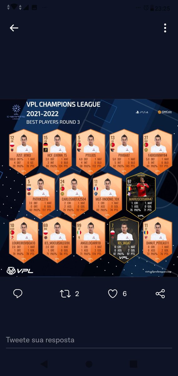 💪🙏💪 
Mais uma vez na equipa da semana da vpl, e da Champions league ❤️