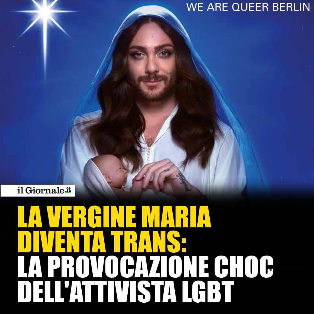 GiorgiaMeloni's tweet image. La Vergine Maria rappresentata come un trans. È così che un “Ambasciatore speciale Ue per i diritti Lgbt” pensa di costruire un’Europa più inclusiva? Non è sbeffeggiando la religione, offendendo i fedeli o cancellando il Natale che si tutelano diritti civili. Che triste teatrino