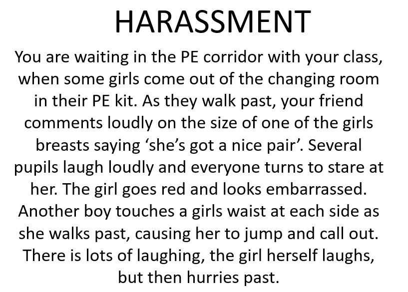 MVPScot's tweet photo. Sexual harassment can and does occur in school.  Our MVP Harassment scenario was written by female mentors based on their own experiences.  Important to have safe discussions about what harassment looks like, its impact and how we can challenge safely #16Days #16daysofaction https://t.co/HQKtTQm9ua