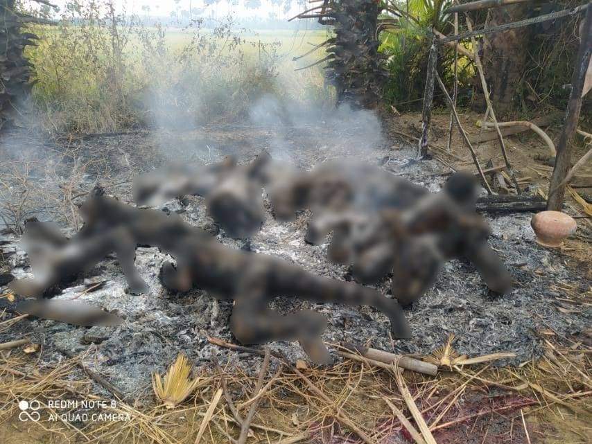Junta soldiers burned 11 civilians alive on Tuesday during a raid on a village in Salingyi Township, Sagaing Region. Some of the bodies of the victims showed signs of torture. One of the victims was just 14 and another in his 60s. (Photo: CJ) 

#WhatsHappeningInMyanmar