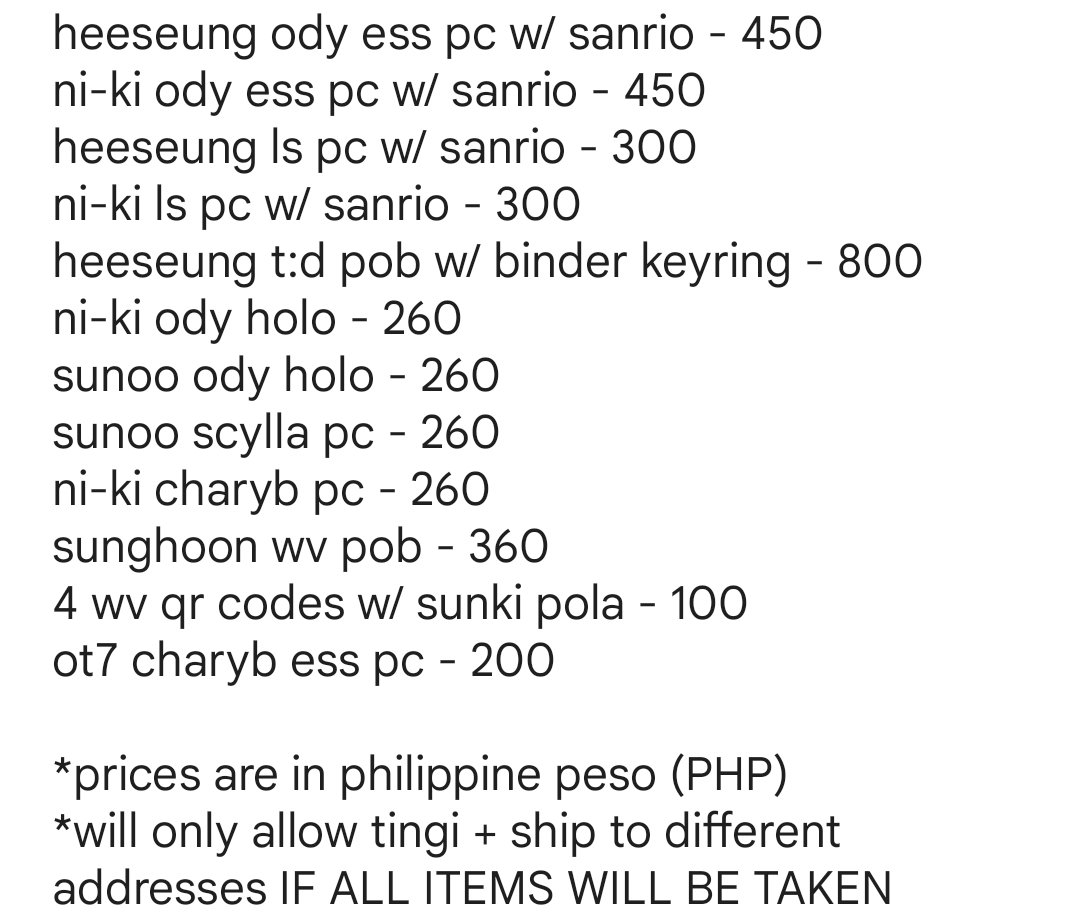 cashchaeng's tweet photo. ENHYPEN PCS

> check 2nd photo for price (no lsf) &amp; important note
> loc: cebu
> mop: gcash ; mod: ggx/jnt/sco (can do cod + fees)

wts lfb enhypen ph dimension dilemma d:d scylla charybdis odysseus heeseung sunghoon sunoo ni-ki holo tamed dashed pob t:d ot7 group pc photocard https://t.co/5Vzk5aMtGF