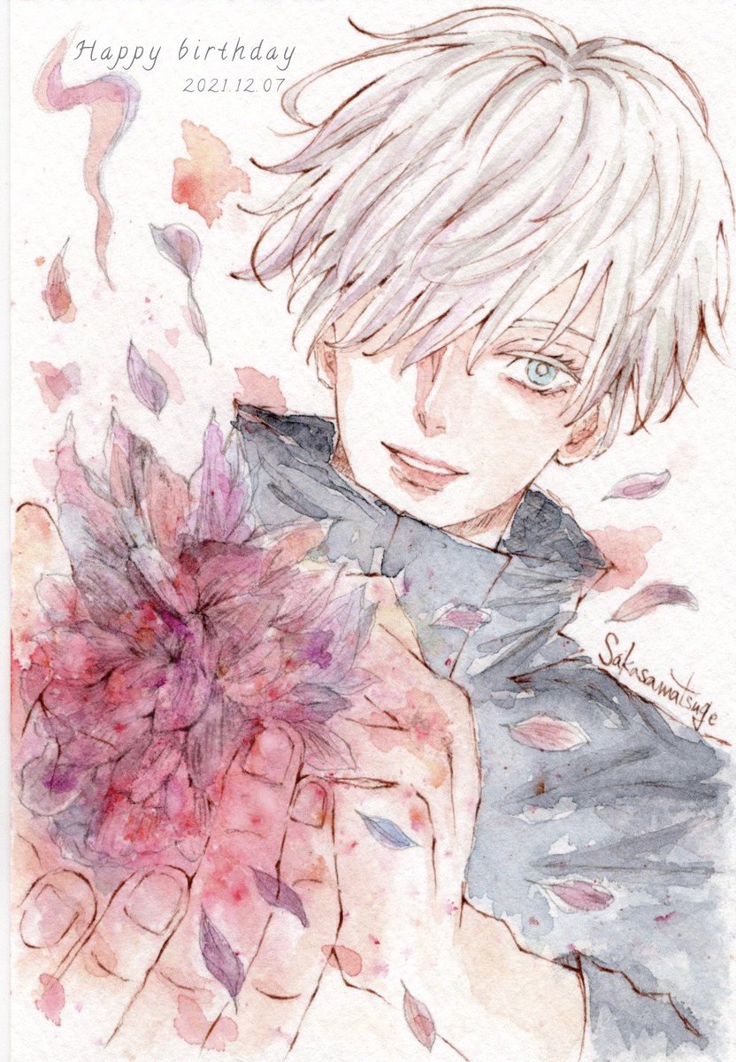 1boy male focus white hair solo flower blue eyes hair over one eye  illustration images