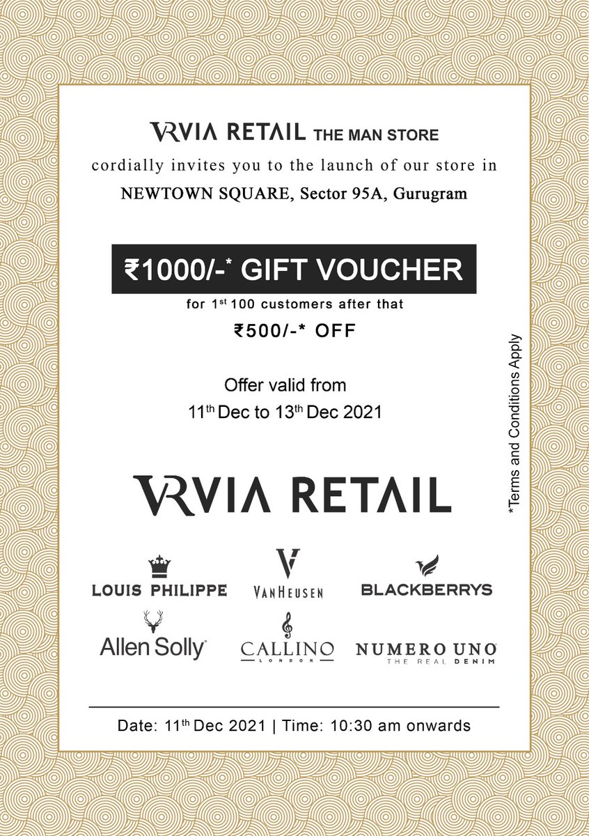 KpdkBuildtech's tweet image. You are cordially invited to the launch of VIA RETAIL in Newtown Square, Sector 95A, Gurugram...

#viaretail #luisphilippe #vanhuesen #blackberrys #allensolly #callino #numerouno #opening #openingsoon #newtownsquare #kpdkbuildtech