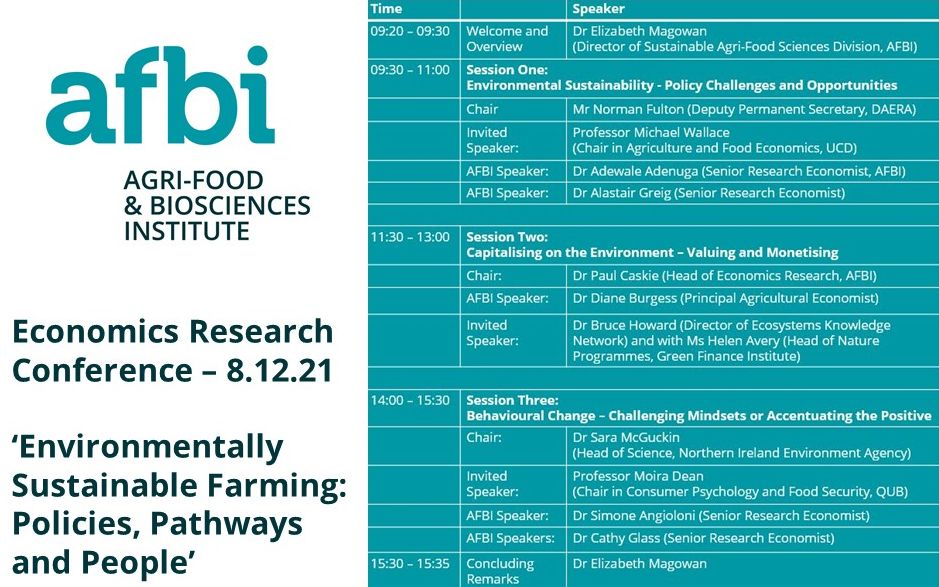 AFBI_NI's tweet photo. TOMORROW @AFBI_NI will be holding an Economics Research Conference by webinar 'Environmentally Sustainable Farming: Policies, Pathways and People'.

Date: 08.12.21
Time: 9.20am - 3.35pm
Register: https://t.co/s4DMVD9IKu

#AFBIEconConf #AFBIScience #AFBIResearch #Economists https://t.co/Ponvm0wMae