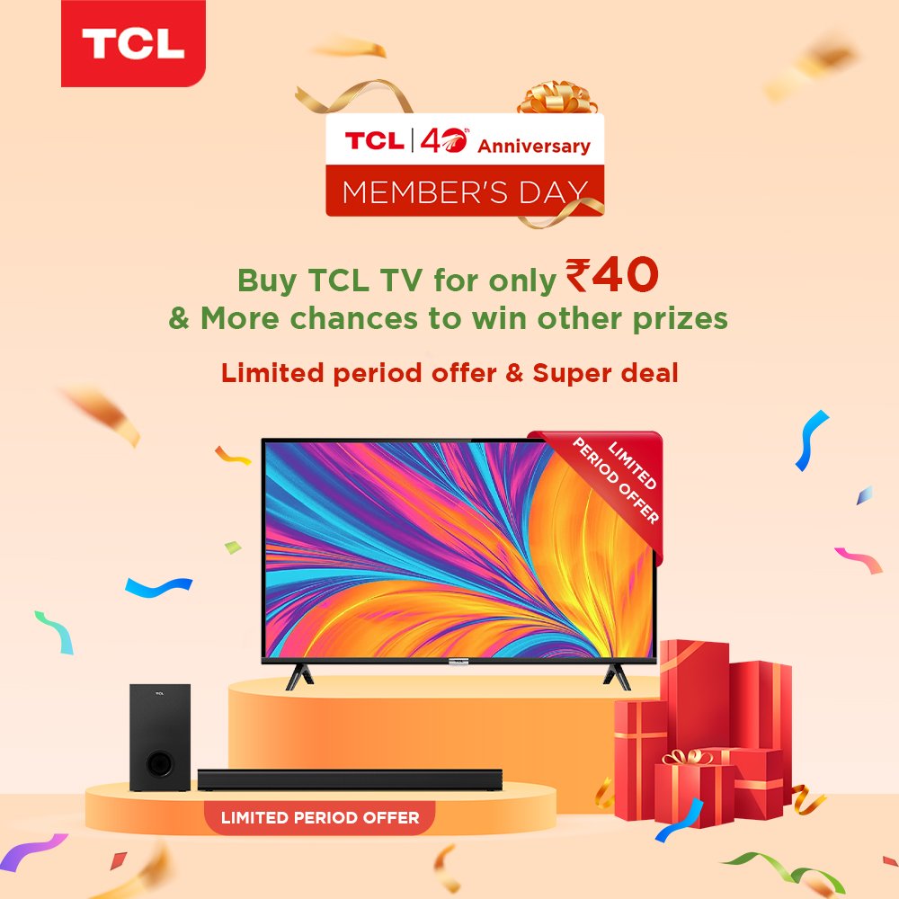 We're celebrating the 40th anniversary of TCL with exclusive Member's Day deals. 
Get a chance to grab #TCL and #BluetoothSoundbar at just ₹40! 
Become a TCL member & get 8% off:
bit.ly/3DujjrR