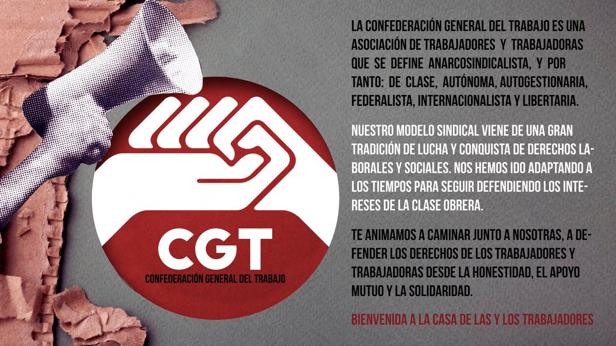 CGT's tweet photo. La organización en la q militamos, la #CGT, se presenta en el primer artículo de sus estatutos como "una asociación de trabajadores y trabajadoras q se define #anarcosindicalista, y por tanto: #deClase, #autónoma, #autogestionaria, #federalista, #internacionalista y #libertaria. https://t.co/b4DinvPeBQ