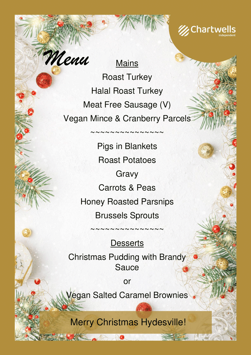 HydesvilleTower's tweet photo. We are excited to announce that Lapland is coming to Hydesville next Wednesday when we will be tucking into a festive feast!
Thank you to @Hydesville_chef and the Chartwells team for what promises to be a delicious menu.
#Hydesvillefamily #chartwellsindependent #christmaslunch https://t.co/5oX1o3b01m