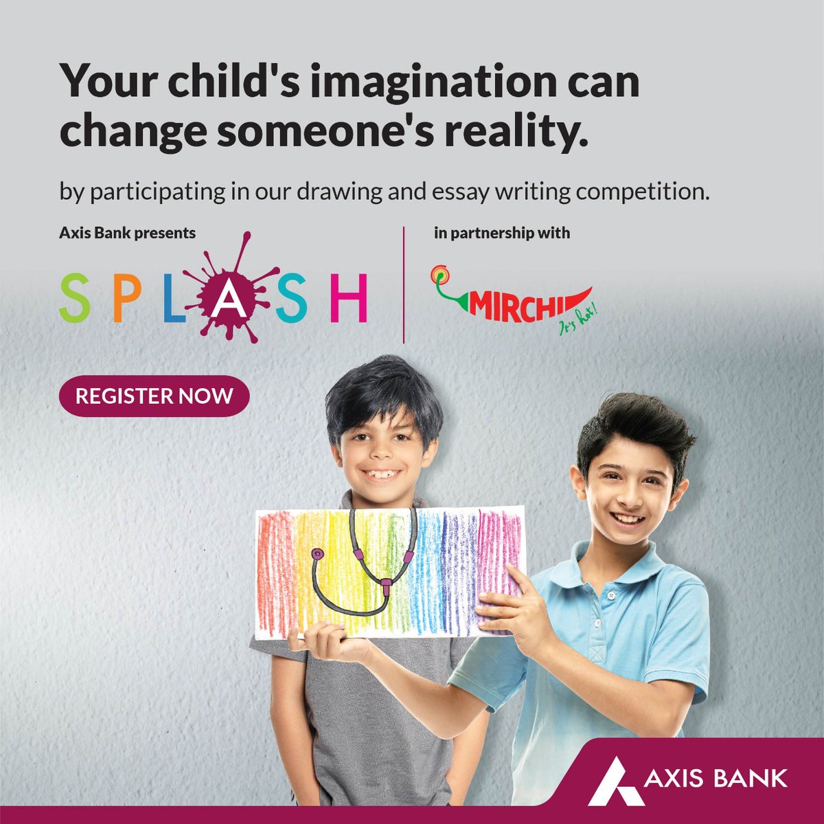 AxisBank's tweet photo. Your child's creativity can open a world of possibilities for children in need! Presenting #Splash2021, our drawing and essay writing competition for kids who cannot stop dreaming!
Click here to register now: https://t.co/X5nCg6uUPB
#AxisBankSplash #Splash #AxisBank #Drawing https://t.co/YRWVpAjDYB